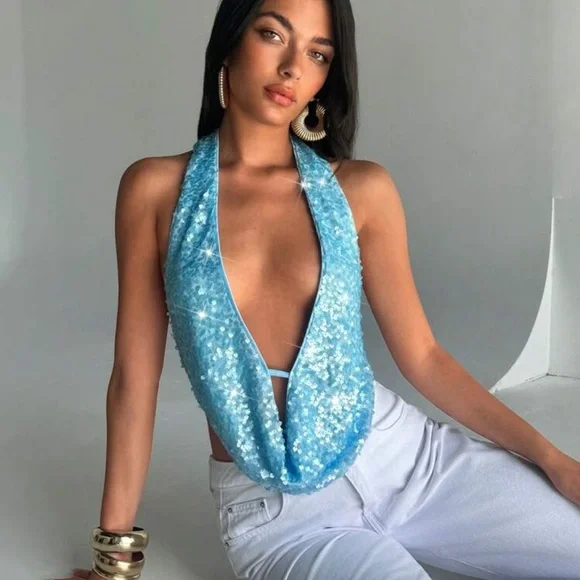 Aloruh Women's Translucent Sequin Plunging Neckline Backless Halter Camisole - Picture 4 of 4